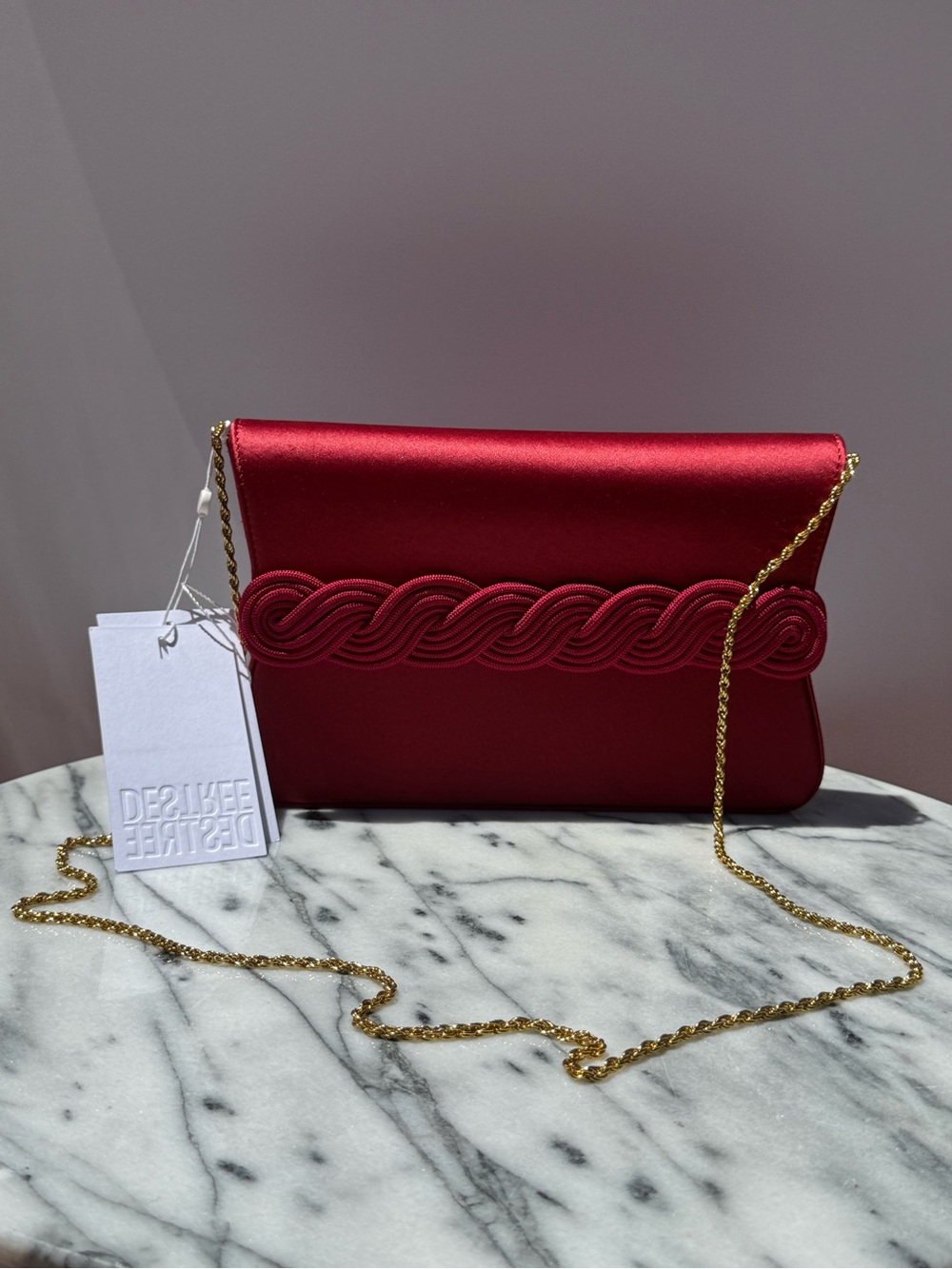 Destree Red Satin Knotted Accent Evening Clutch - Picture 8 of 9